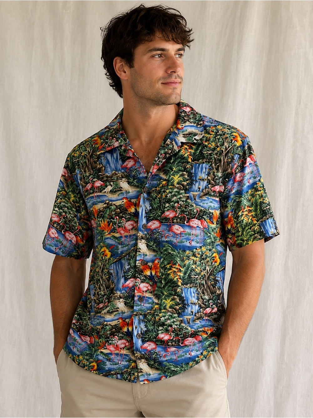 RJC Hawaiian Shirt Mens L Flamingo Parrot Waterfall Made in Hawaii USA Aloha